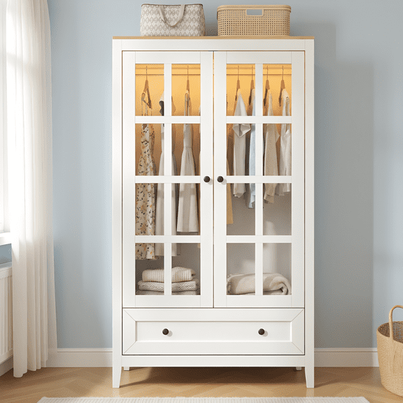 LED Illuminated Glass Wardrobe, Freestanding Armoire with Transparent Side Panels, Spacious Hanging Rod, Drawer & Shelves, Modern Storage Cabinet for Bedroom, Entryway, or Walk-in Closet