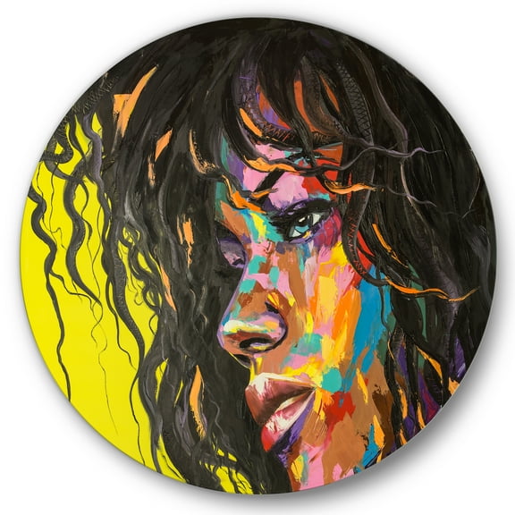 Designart 'Abstract Colorful Fantasy Portrait Of A Young Woman I' Modern Circle Metal Wall Art 36x36 - Disc of 36