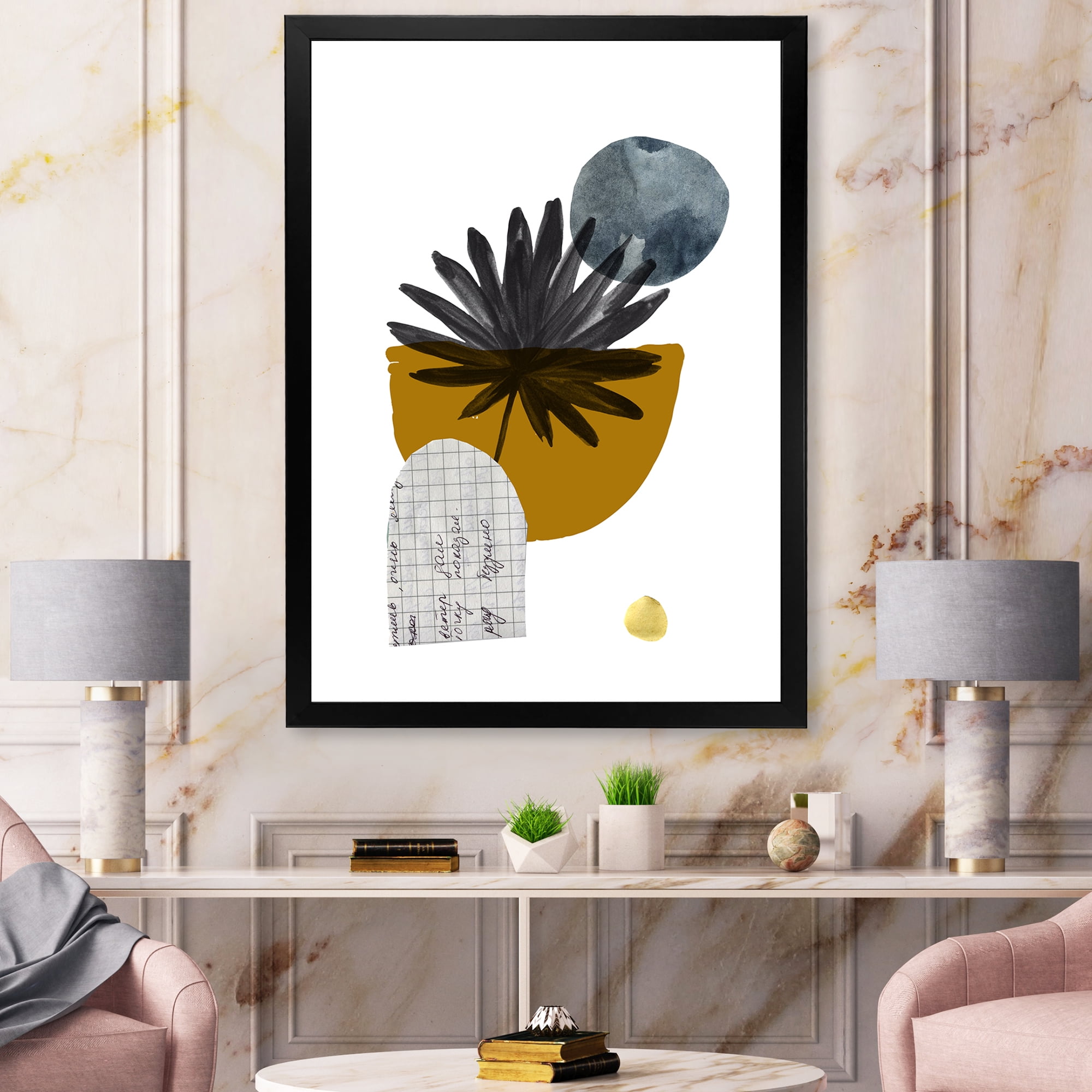 Designart 'Abstract Geometry Shapes and Tropical Palm Leaf I' Modern Framed Art Print