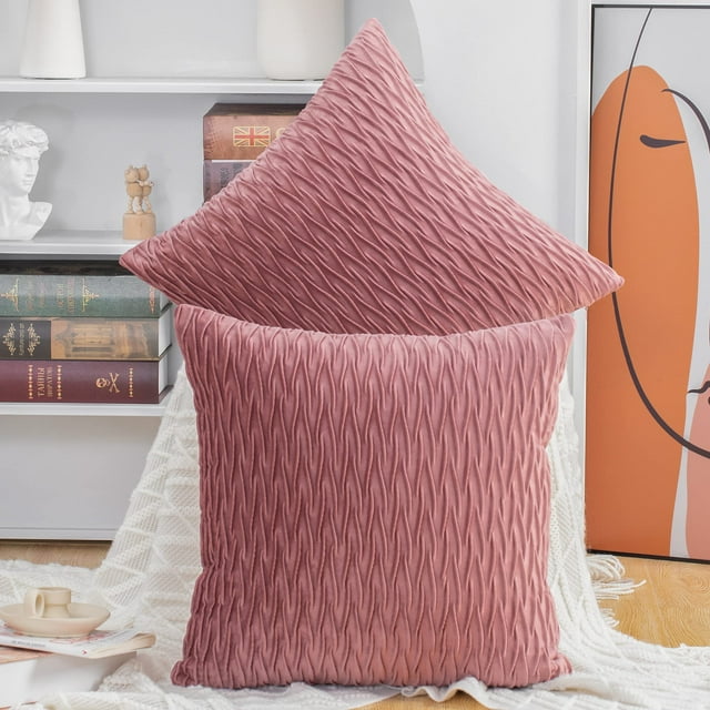 Madizz Juego De 2 Fundas De Almohada Decorativas De Terciopelo Súper Suave, 24.0 X 24.0 In, Cuadradas, Color Rosa Con Textura, Estilo Lujoso, Funda De Almohada Europea Para Sofá Dormitorio