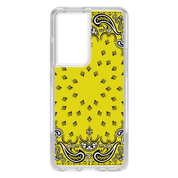 DistinctInk Clear Shockproof Hybrid Case for Galaxy S21 ULTRA 5G (6.8" Screen) - TPU Bumper, Acrylic Back, Tempered Glass Screen Protector - Bandana Print - Yellow, Black, White