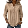 thumbnail image 7 of HongQid Womens Linen Blend Button Down Tunic Ladies Mandarin Neck Pleated Bust 3/4 Sleeve Blouse Casual Shirts, 7 of 7