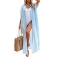 thumbnail image 4 of Women Swimsuit Cover Up Dress Short Sleeve Side Split Button Down Long Shirt Dress Cardigan Maxi Beach Dress, 4 of 9
