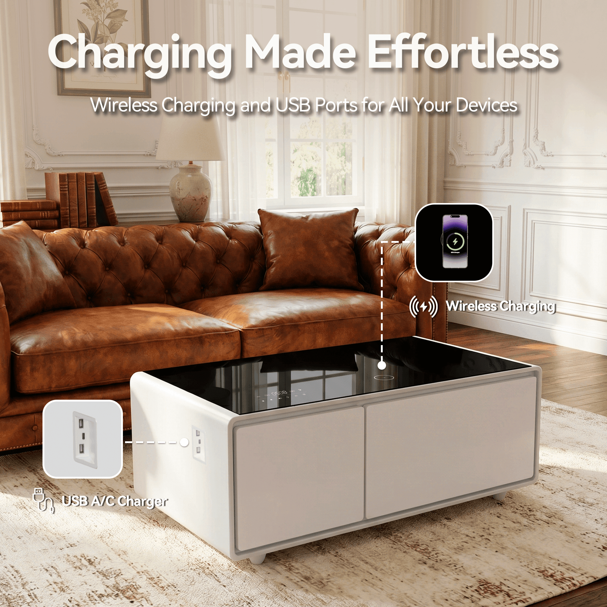 LIVTAB Smart Coffee Table, 23" D x 41.5" W x 18.2" H, Living Room Table with Built in Fridge and Speakers, Smart Table with 15W Wireless Charging, USB Chargers and 110V Outlets, White
