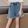 thumbnail image 6 of QIUOMBBP Girl's Loose Wide Leg Short Jeans Elastic Waist Solid Color Denim Shorts Summer Comfy Shorts Trousers Blue 6-7Years, 6 of 10