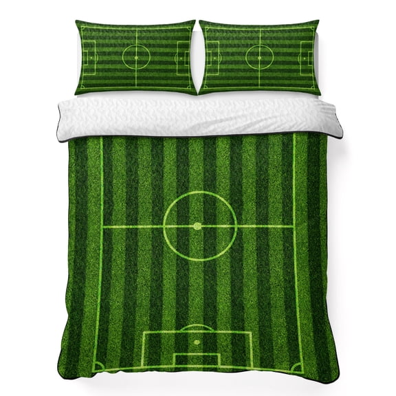 Quilts Full Size Bedding Set, Green Football Field Lightweight Quilted Comforter, Modern Balls Sport Games Match Soft Reversible Bedspread Coverlet with Pillow Covers for All Season, 78" x 90"