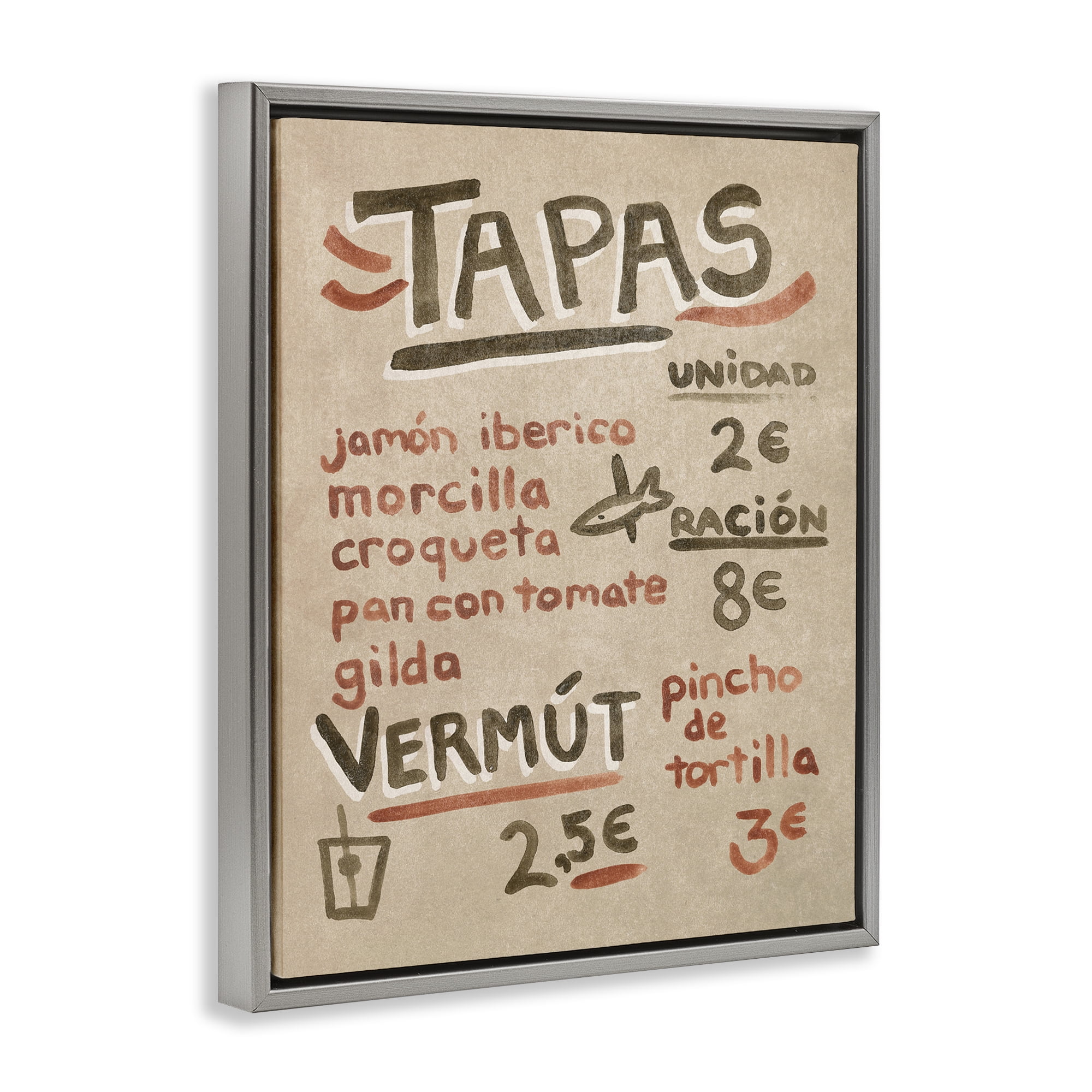 Stupell Industries Spanish Tapas Menu Food & Beverage Painting Gray Floater Framed Canvas Art Print Wall Art, 17 x 21