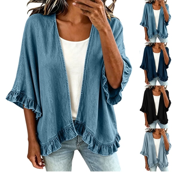 Dvprdro Womens Open Front Ruffle Sleeve Denim Jacket Light weight Frayed Hem Casual Vintage Washed Trucker Coat