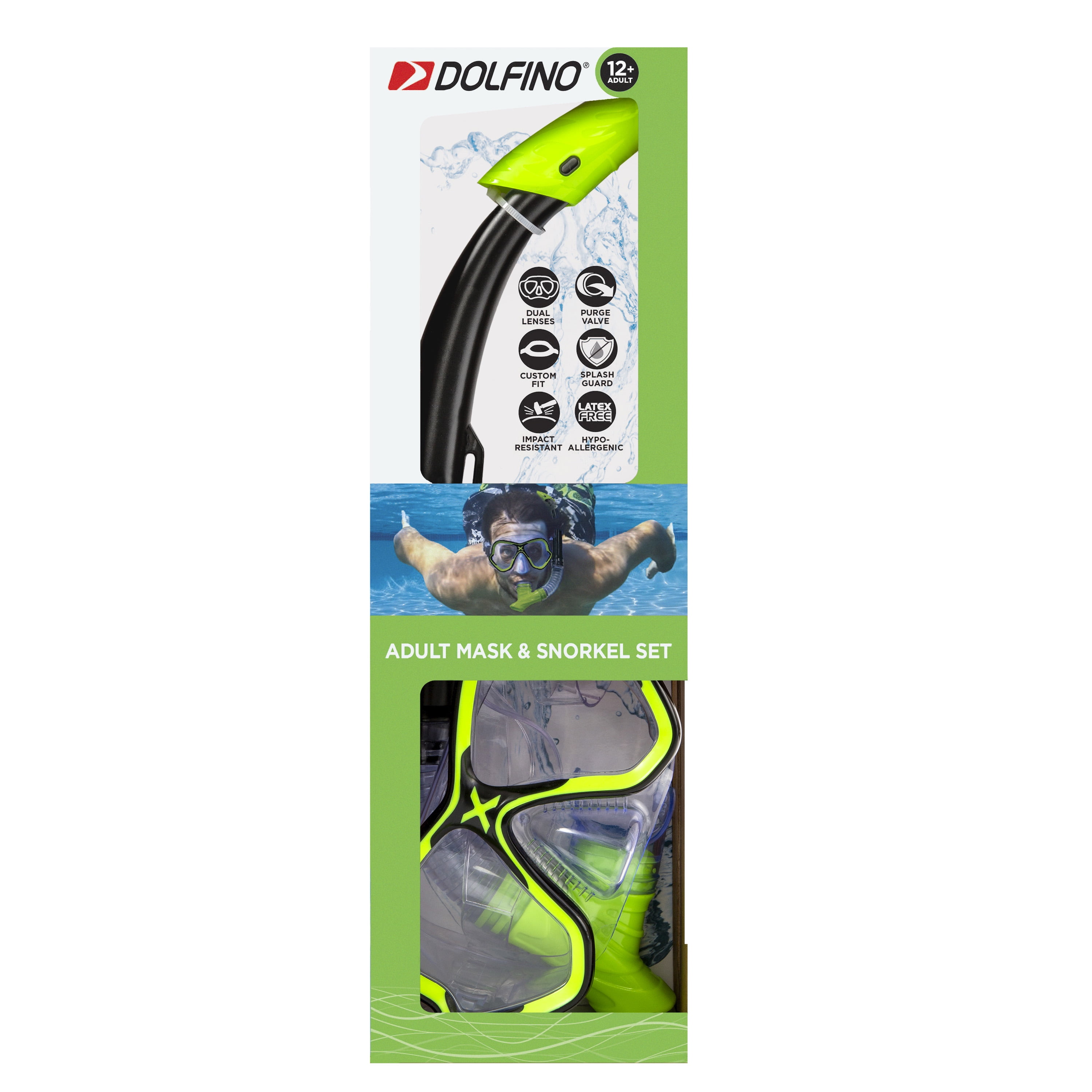 (2 pack) Aqua Dolfino Adult Open Mask and Snorkel Set, Black/Green, Unisex