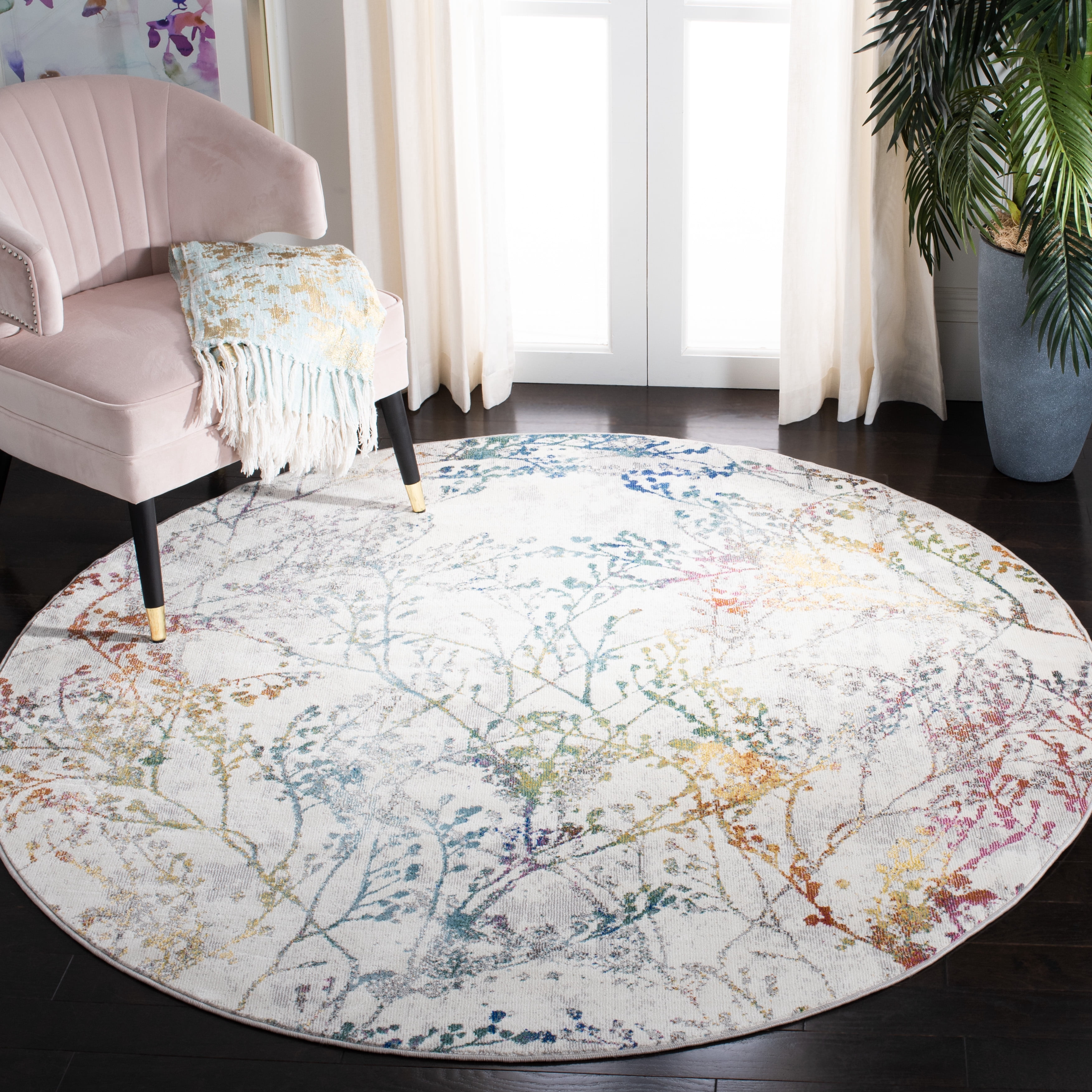 SAFAVIEH Aria Rebecca Floral Area Rug, Ivory/Blue, 5'1" x 5'1" Round