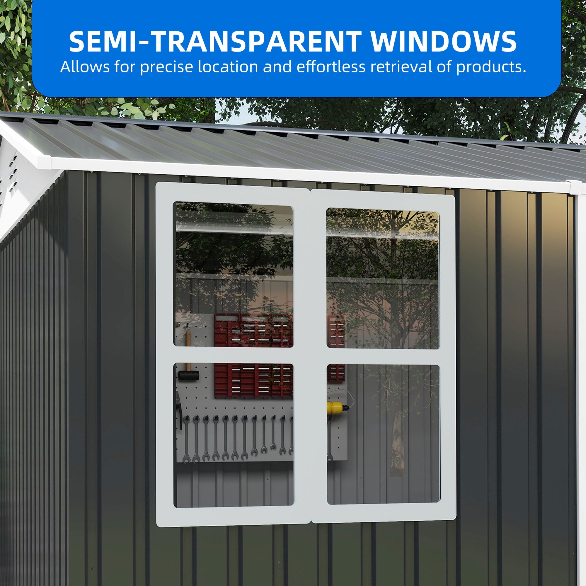 Dextrus 10' x 8' Outdoor Storage Shed, Waterproof Metal Shed with Windows, Lockable Doors Gray/White