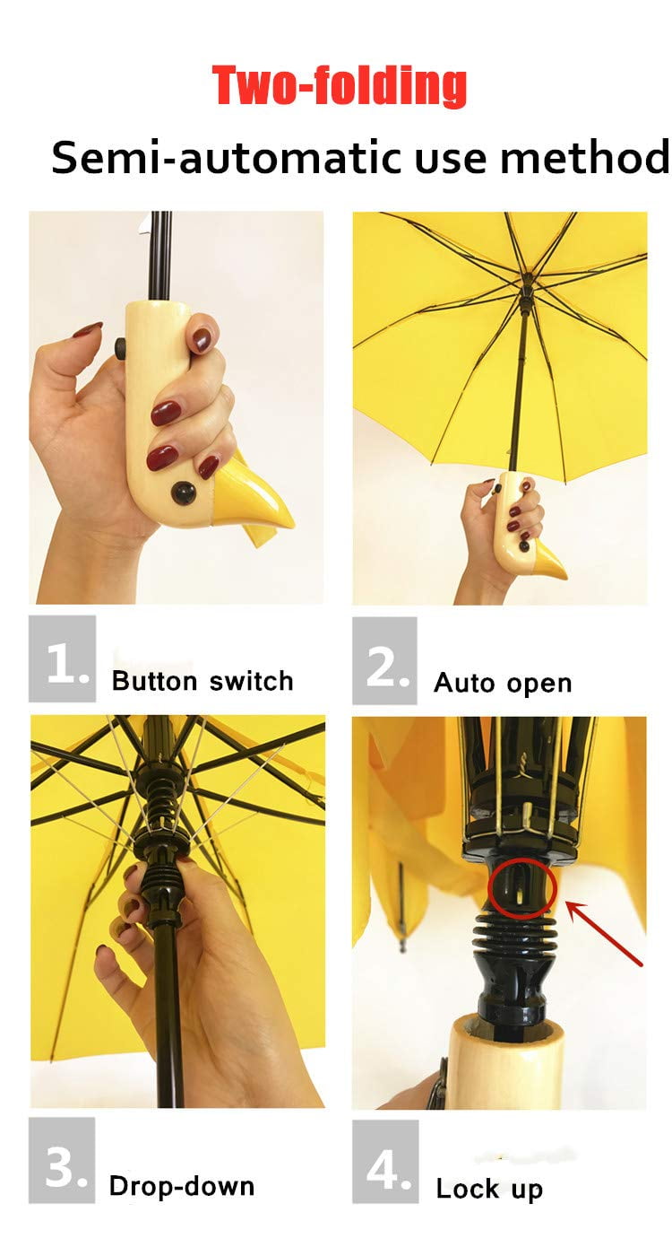 Cute Duck Head Wooden Handle Folding Umbrella for Sun and Rain Protection