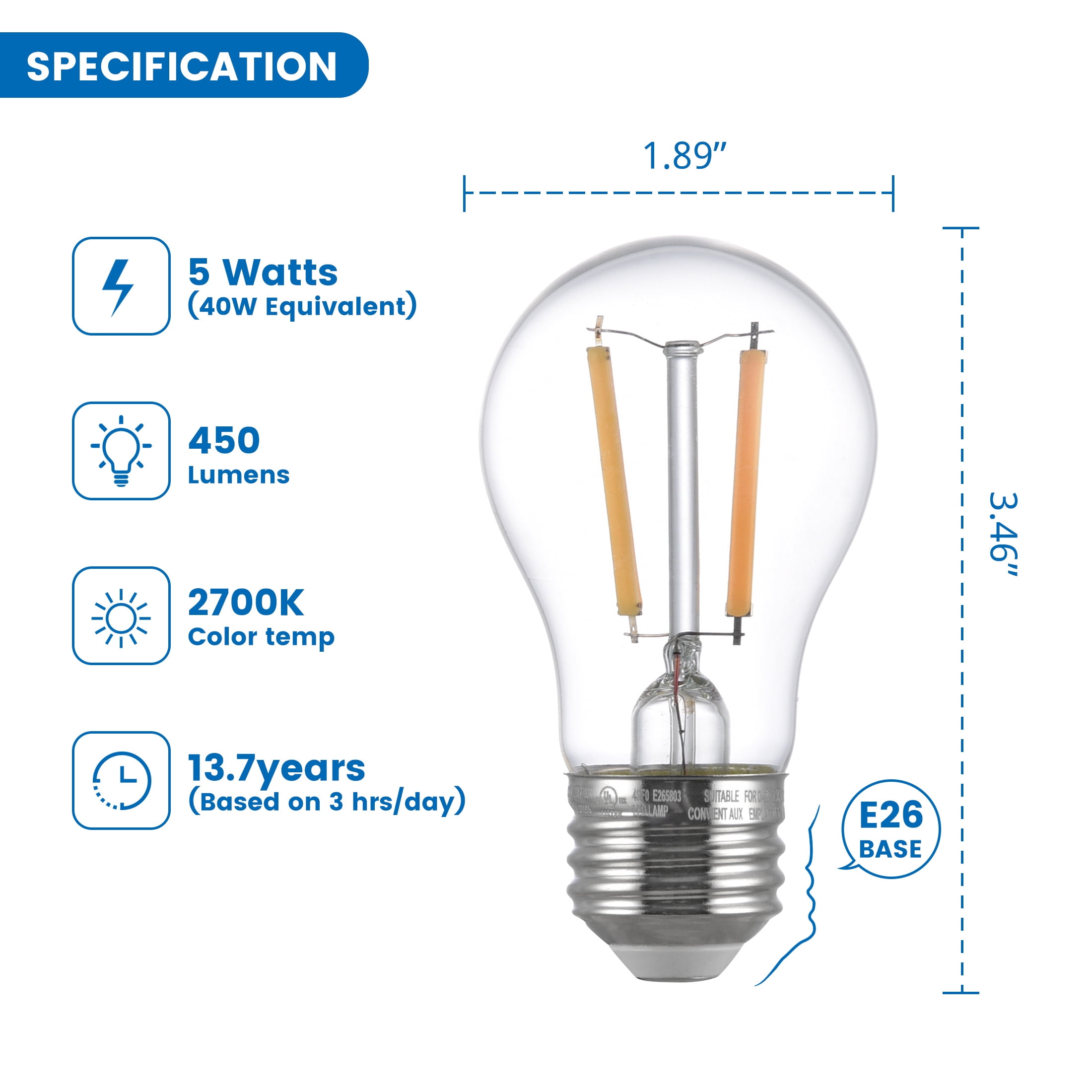 (2 pack) Great Value LED Ceiling Fan Bulb 5W(40W Equivalent) Soft White A15 with E26 Base Dimmable, 2PK