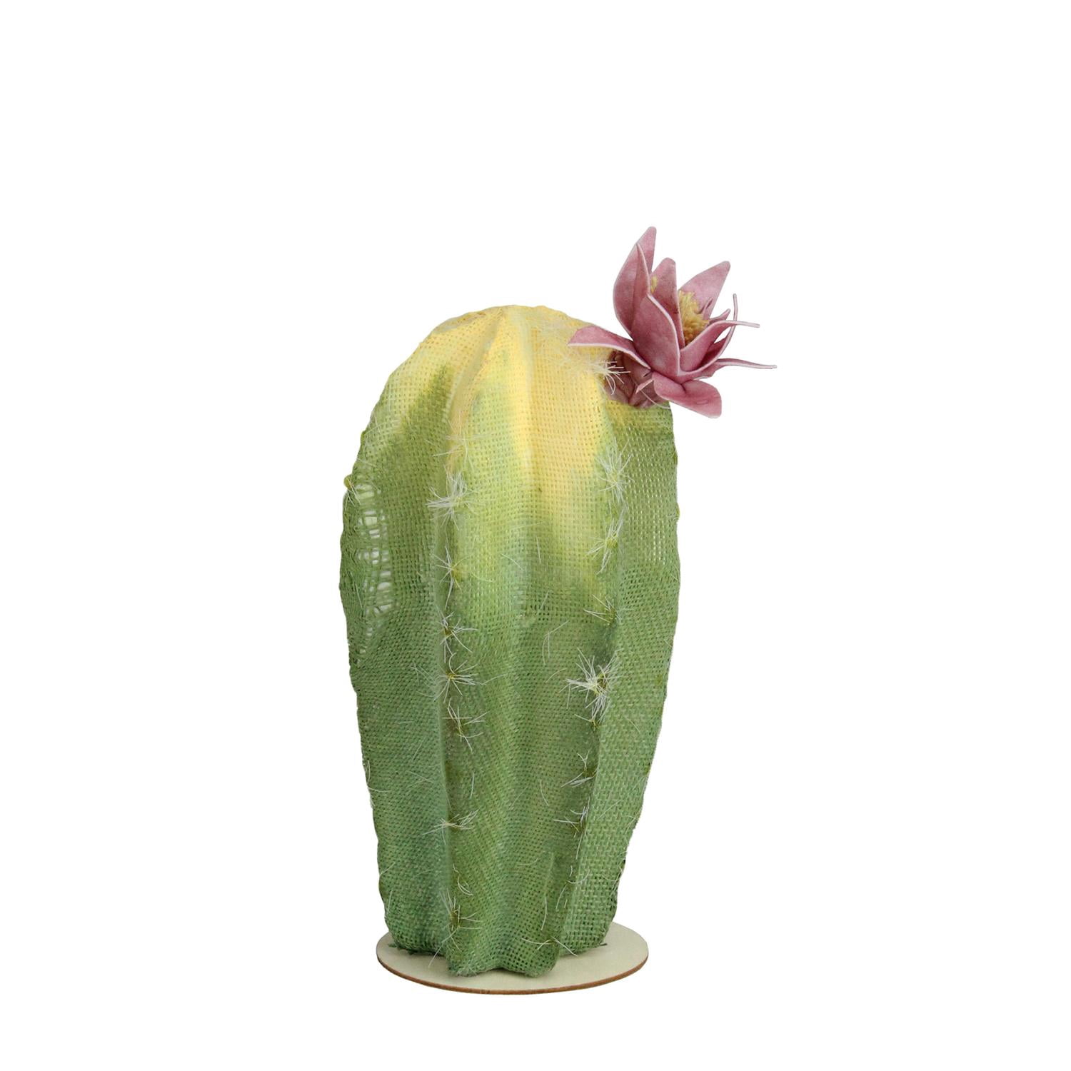 8.5" Southwestern Style Green and Yellow Cactus on Wooden Base with Pink Flower