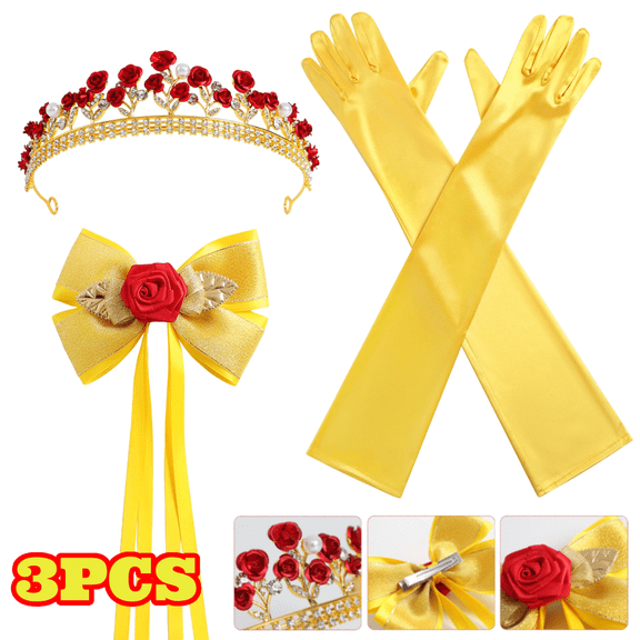 3pcs Princess Costume Accessories for Women, Yellow Bow Hair Clips, Gloves, and Rose Crown for Wedding Birthday Party Outfits