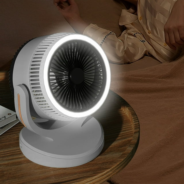 Ventilador de escritorio portátil con luz LED | Batería recargable de 2400 mAh | 3 velocidades y rotación de 360° | Alimentación por USB para oficina, dormitorio, mesa o exteriores