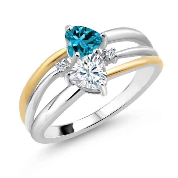 Gem Stone King 925 Silver and 10K Yellow Gold London Blue Topaz and White Moissanite and White Lab Grown Diamond Band Ring for Women (0.99 Cttw, Gemstone November Birthstone, Heart Shape 5MM, Size 7)
