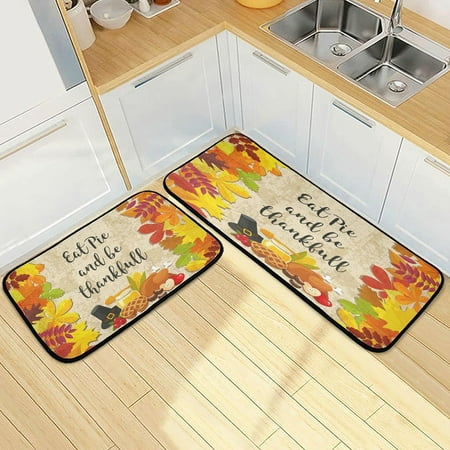 

SKYSONIC Eat Pie and Be Thankfull Kitchen Rugs Set of 2 Fall Maple Leaves Floor Mat Area Rug Washable Carpet Perfect for Living Room Bedroom Entryway