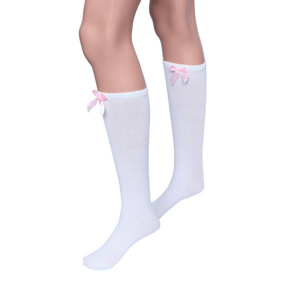 HAMPPLIES 1 Pair Kids Knee-high Socks with Bows Cotton Warm and Comfortable for 1-8 Years Old Girls White