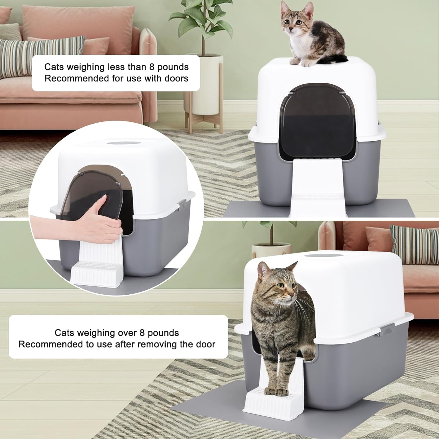 Cat Urine Litter Box with Pedal, Fully Enclosed Leak-Proof for Small Cats Under 8 IB, High Edge and Odorless, Easy to Carry and Clean (Grey with Handle, S)