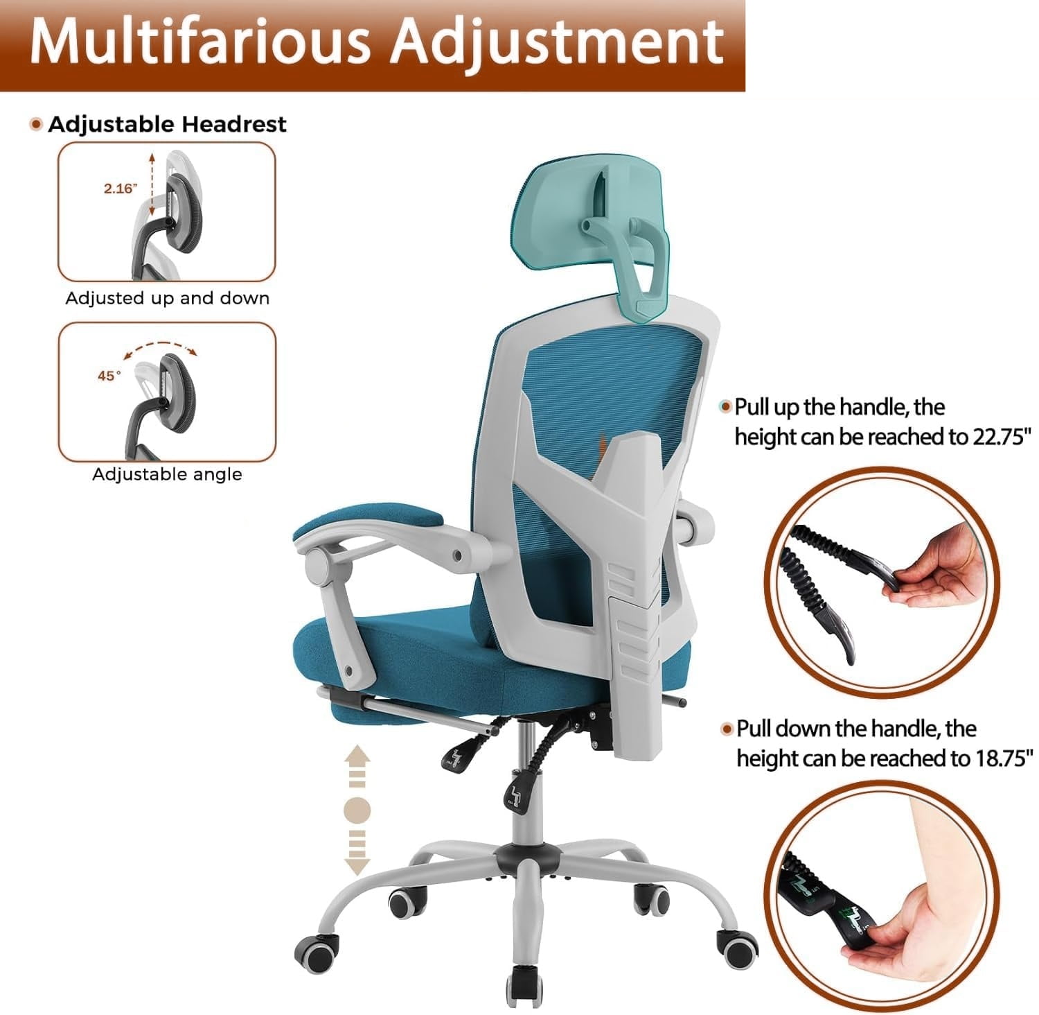 Office Computer Desk Chair, High-Back Ergonomic Mesh Swivel Chair with Lockable Recline, Adjustable Lumbar Support, Retractable Footrest & Padded Arms for Home Office, Study, and Gaming, Blue