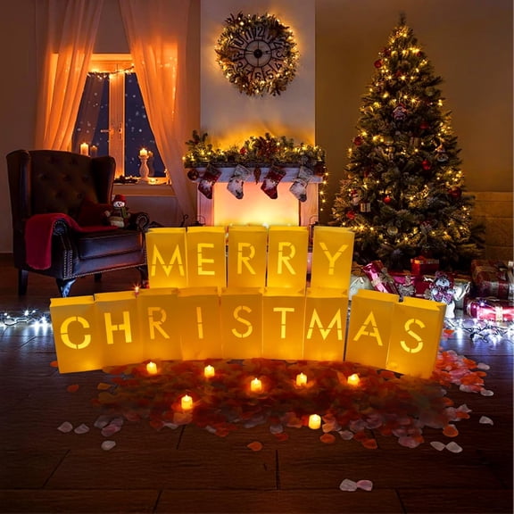 Merry Christmas Decorations, Luminaries Bags, Merry Christmas Sign Light Up Letters Rose Petals and Candles Set for Christmas and New Year Party Decorations