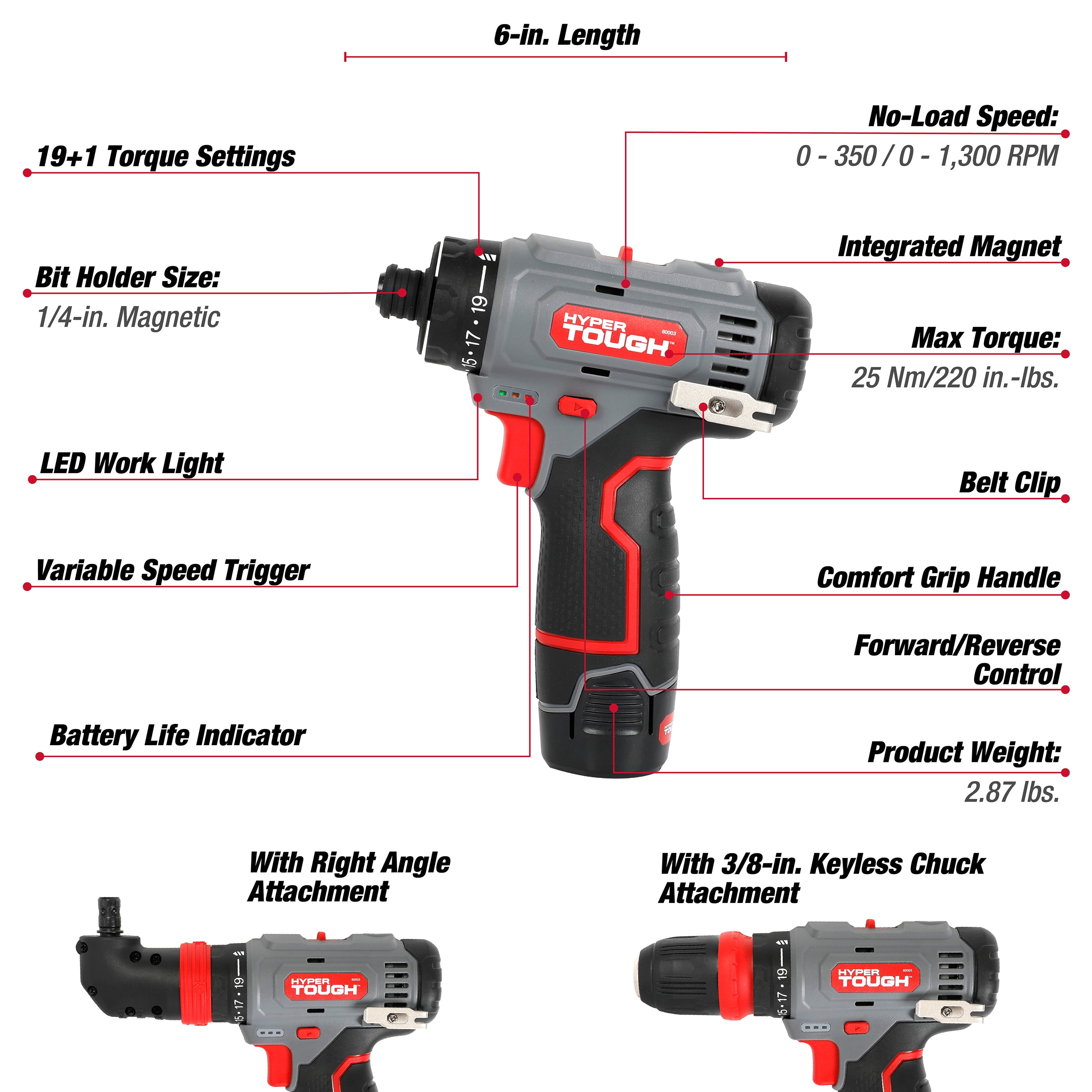 Hyper Tough 12V Max Lithium-Ion 3-in-1 Multi-Head Power Drill Set with 1.5Ah Battery and Charger