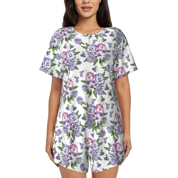 Fotbe Violets Flowers Conjunto de Pijama Estampado para Mujer, 2 Piezas, Ropa de Dormir con Camiseta de Manga Corta y Shorts Suaves-Large