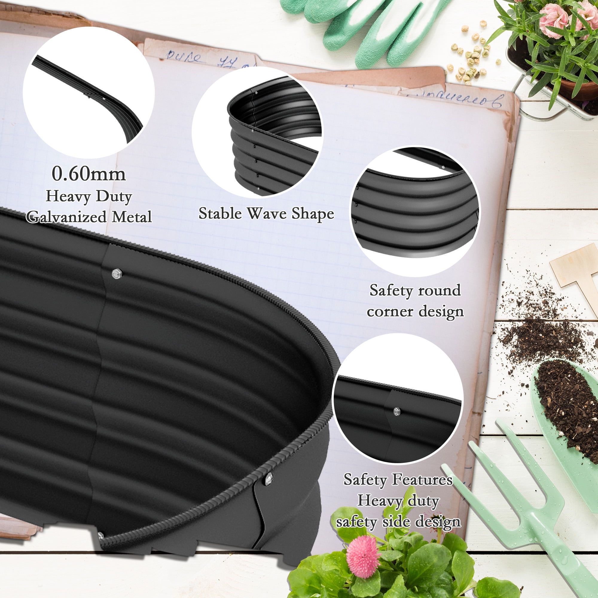 Galvanized Raised Garden Bed Kit, Outdoor Metal Elevated Planter Box with Safety Edging, Easy DIY Stock Tank for Growing Flowers, Herbs & Vegetables, Dark Gray 4.9'x2'x1'