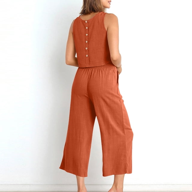 WAIIMAK Womens Sets Sleeveless Round Neck Top + Loose Pants Set Solid Color Lounge Sets For Women Spring/Summer Breathable Sets