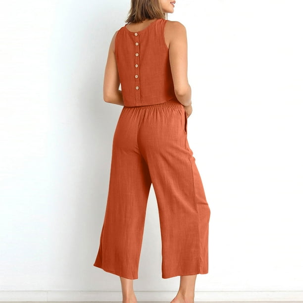 ICHUANYI Clearance2PC Fashion Woman Round Neck Solid Sleeveless Blouse +Loose Pockets Pants Sets(Red, L) ICHUANYI WER20232080500396