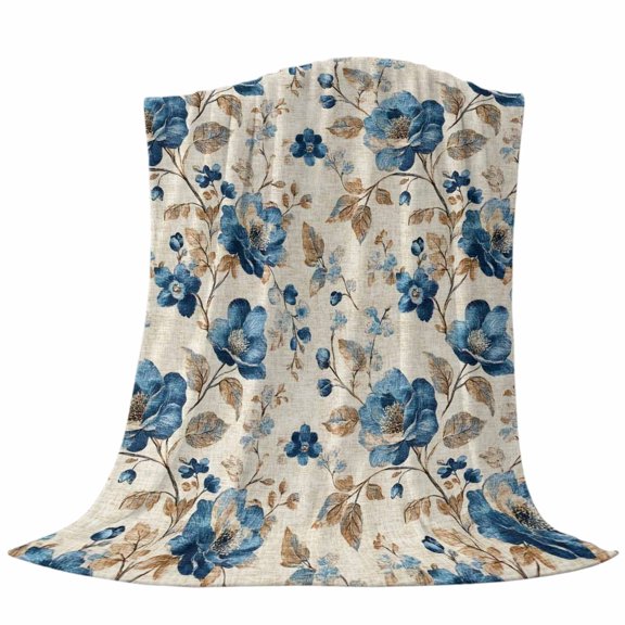 Vintage Blue Floral Fleece Throw Blanket Watercolor Botanical Leaf Farmhouse Ultra Soft Fuzzy Cozy Flannel Throw Blanket for Couch Sofa Bed Car Travel, Ideal Gifts 40x50 Inches