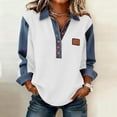thumbnail image 2 of Womens Long Sleeve Tops 2026 Spring Fashionable Button V Neck Lapel Collared Denim Patchwork Casual Shirt Blouse Tops, 2 of 7