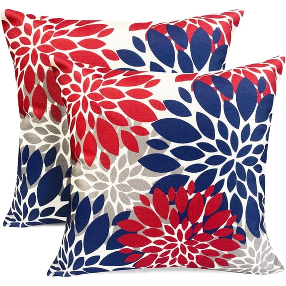 Decorative Throw Pillow Covers Set of 2 Red Blue Pillow Covers 20x20 inch Throw Pillow Cases Linen Square Pillow Case,Farmhouse Outdoor Modern Floral Pillow Covers for Couch Sofa Living Room
