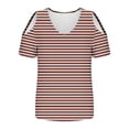 thumbnail image 4 of Olyvenn Women V Neck Cold Shoulder Tops V Neck Striped Short Sleeve T Shirts Loose Tops Sexy Casual Blouse 2025 Trendy Tshirt Brown M, 4 of 6