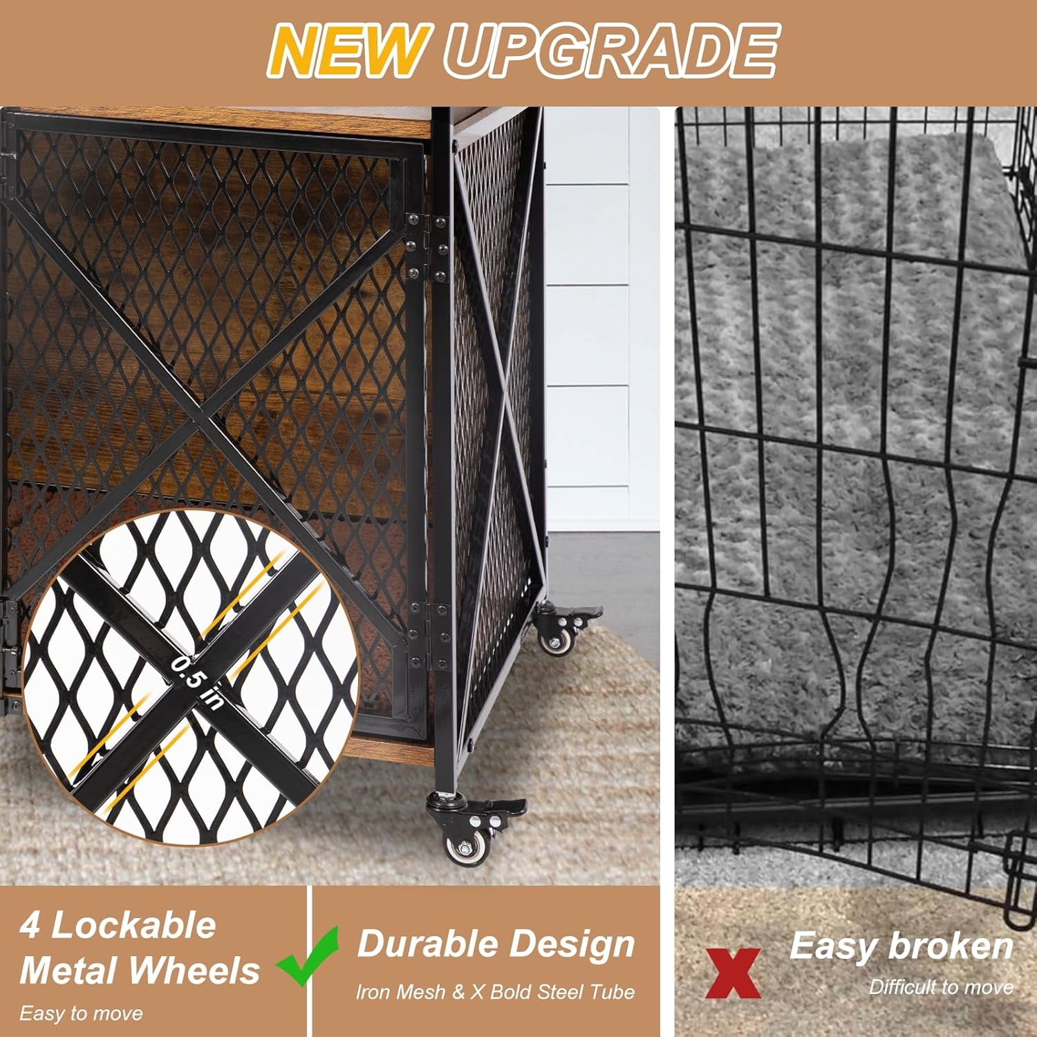 PETSCOSSET Dog Crate Furniture with Cushion, Double Door Wooden Dog Kennel Indoor with Wheels, 31.2"L x 20.5"W x 28.9"H