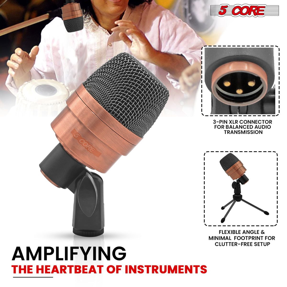 Tabla Mic XLR Wired Uni Directional Snare Tom Kick Instrument Microphone with Dynamic Moving Coil Swivel Mount Steel Mesh Grille Included Mini Tripod Rim Mount - Tabla MIC 2XP COPPER