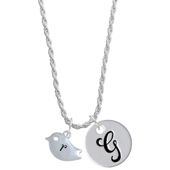Delight Jewelry Silvertone Little Bird Initial - R - Silvertone Script Initial Disc - G - Charm Necklace, 20"+3"