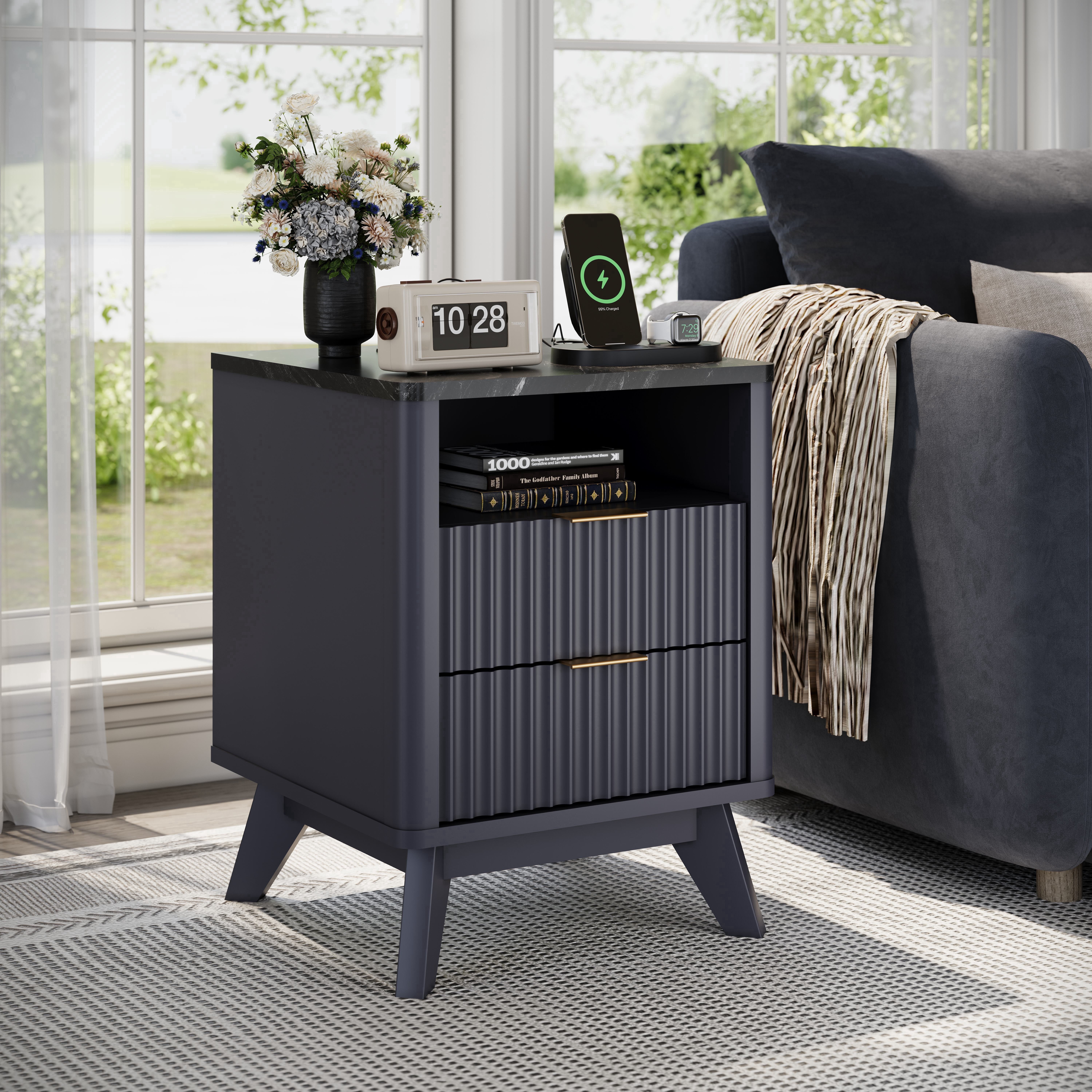 KeyWhat Modern Nightstand with Charging Station, Mid-Century Wood End Table Side Table for Living Room, Fluted Panel, Dark Grey