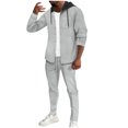 thumbnail image 3 of VBTAPA Hooded Tracksuit for Men Waffle Knit Long Sleeve Button Down Shirt and Drawstring Waistband Pants Suit Color Block Shacket 2 Piece Casual Outfits Gray L, 3 of 9