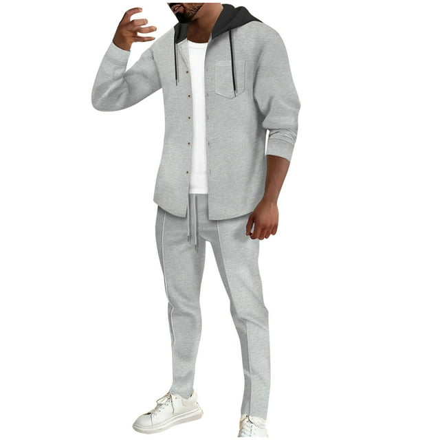 Yuyuzo Mens 2 Piece Sweatsuits Set Long Sleeve Button down Jackets Joggers 2 Piece Textured Tracksuits