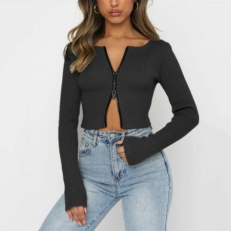 

Women S Solid Color Zipper Long Sleeve Plunging Neckline Top Slim Scrunchy Knit Bottoming Shirt