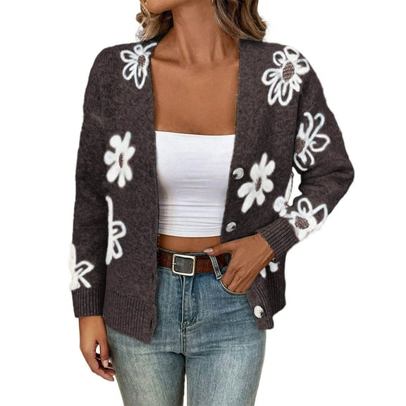 Women's Floral Cardigan Sweater Long Sleeve Button Down Open Front Knit Outwear Brown S