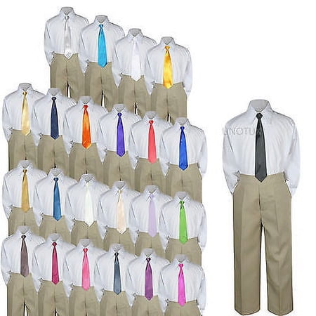 Baby Toddler Kid Boys Wedding Formal 3pc Set Shirt Khaki Pants Necktie Suit S-7