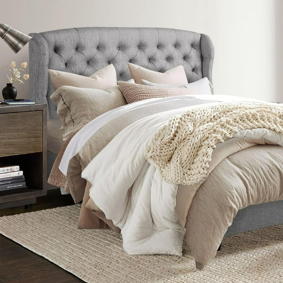 Rosevera Josie Wingback Bed/Tufted Headboard Adjustable Height Bed Frame/Fabric Upholstered Bed Frame/Wood Slat Support/Easy Assembly,King,Textile Gray