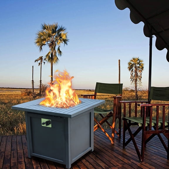 2-in-1 Gas Fire Pit Table, SYNGAR 28 inch Outdoor Table W/ Propane Fire Pit, 50,000 BTU Propane Fire Pit Table W/ Lid & Lava Rock, Auto-Ignition Gas Fire Pit for Garden, Patio, Backyard, Black, D4254