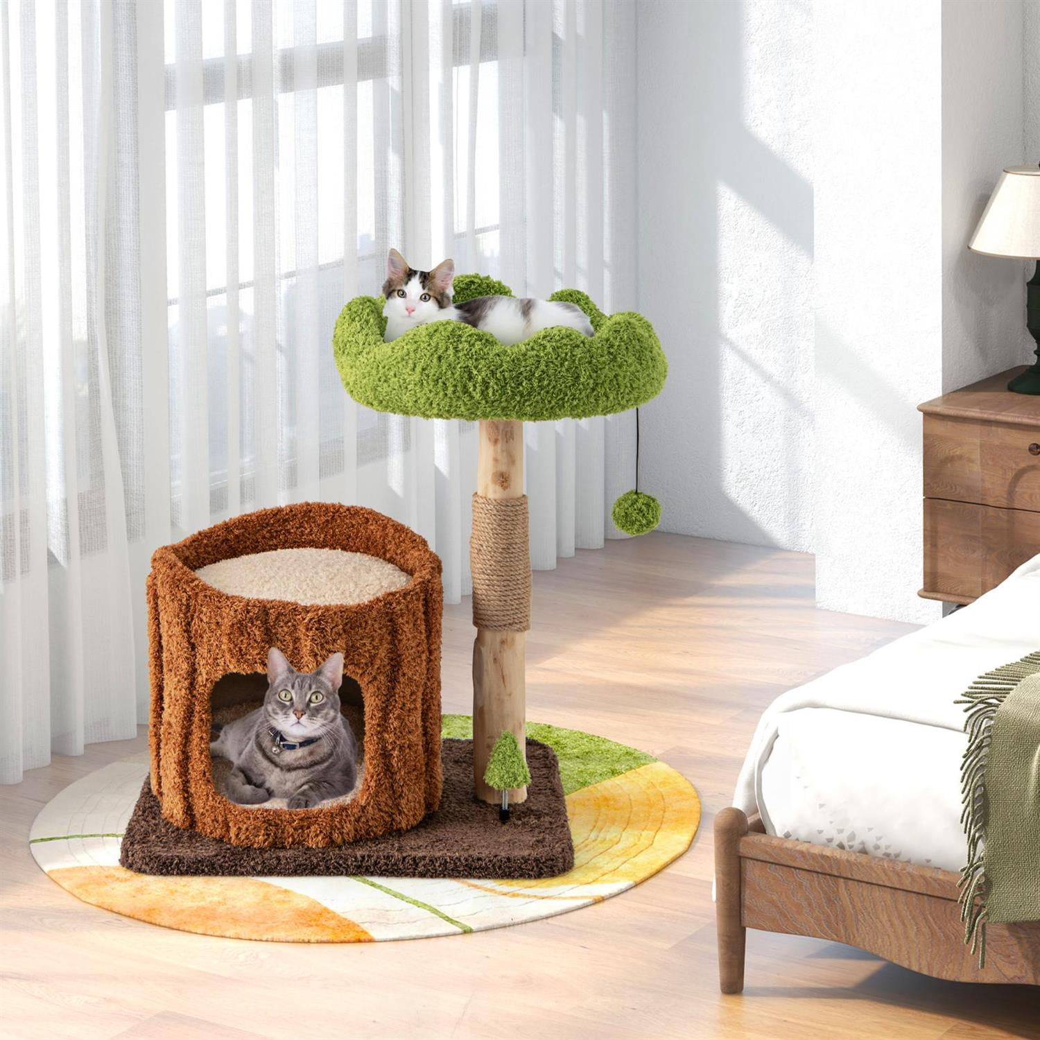 Pefilos Multifunctional Cat Tree, Scratching Posts & Top Perch, Cozy Condo & Hanging Toy, Brown