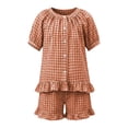 thumbnail image 5 of Vornjynx Kids Girls Outfit Sets Puff Sleeve Tops and Ruffle Hem Shorts Plaid Print 2026 Summer Comfort Clothes 2 Piece Brown Size 3-4T, 5 of 9