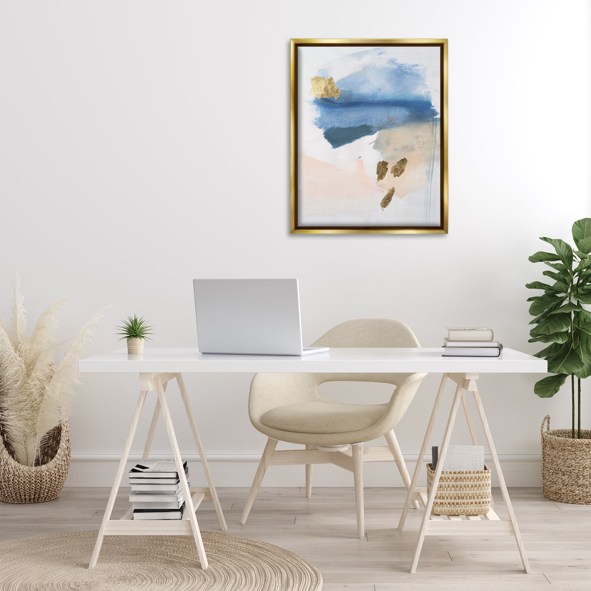 Stupell Industries Blue & Blush Ombre Abstract Painting Gold Floater Framed Canvas Art Print Wall Art, 25 x 31