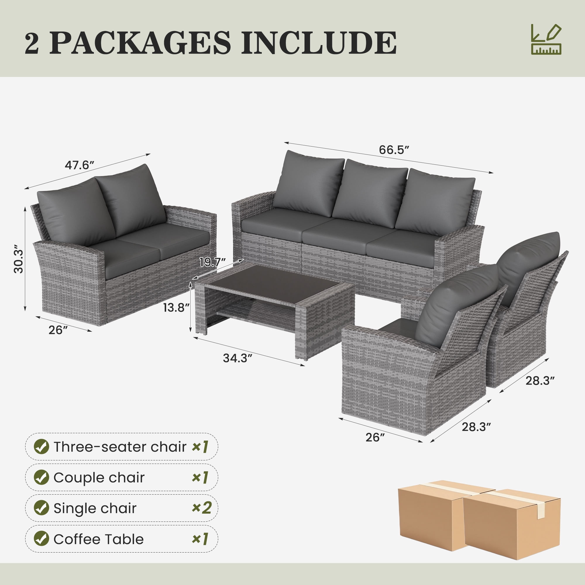 ELPOSUN 7 Pieces Outdoor Sectional PE Rattan Conversation Sofa Set with Gray Wicker, Gray
